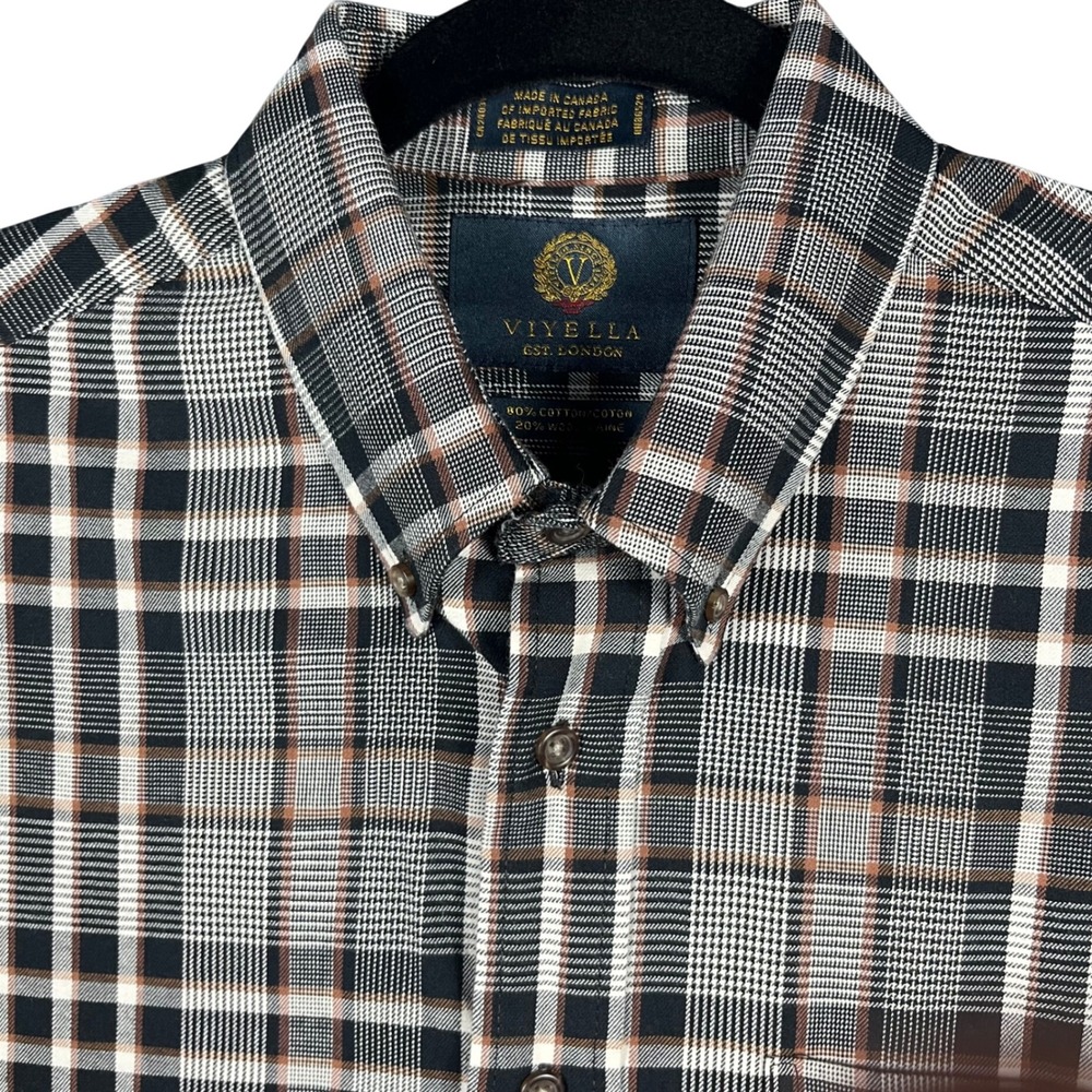 Viyella Button Down Shirt Mens Large Black Tan Plaid Cotton Wool Blend Canada